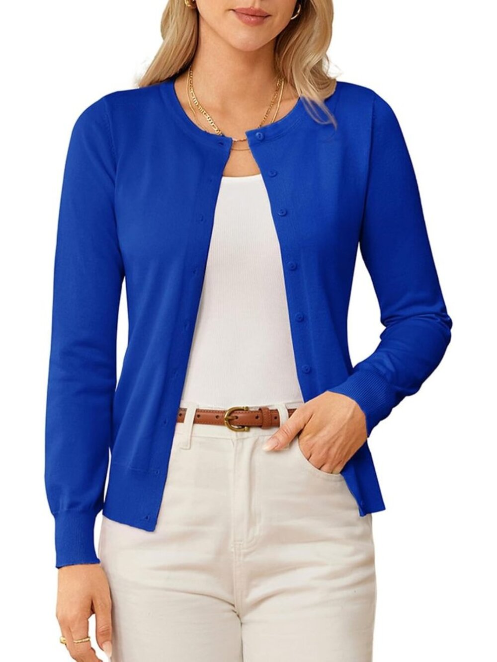 🆕Women's Royal Blue Crew-neck Knit Cardigan Sweater Lightweight Button Up